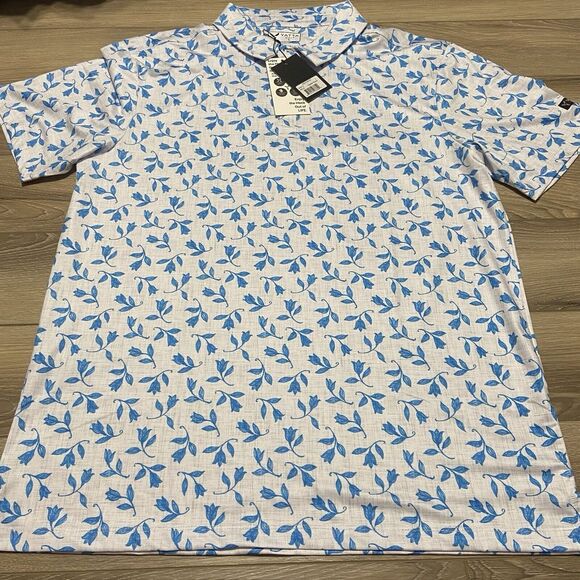 NWT Yatta Golf Polo‎ Coastal Flower All Over Print White Blue Men's Size Large - Picture 1 of 7